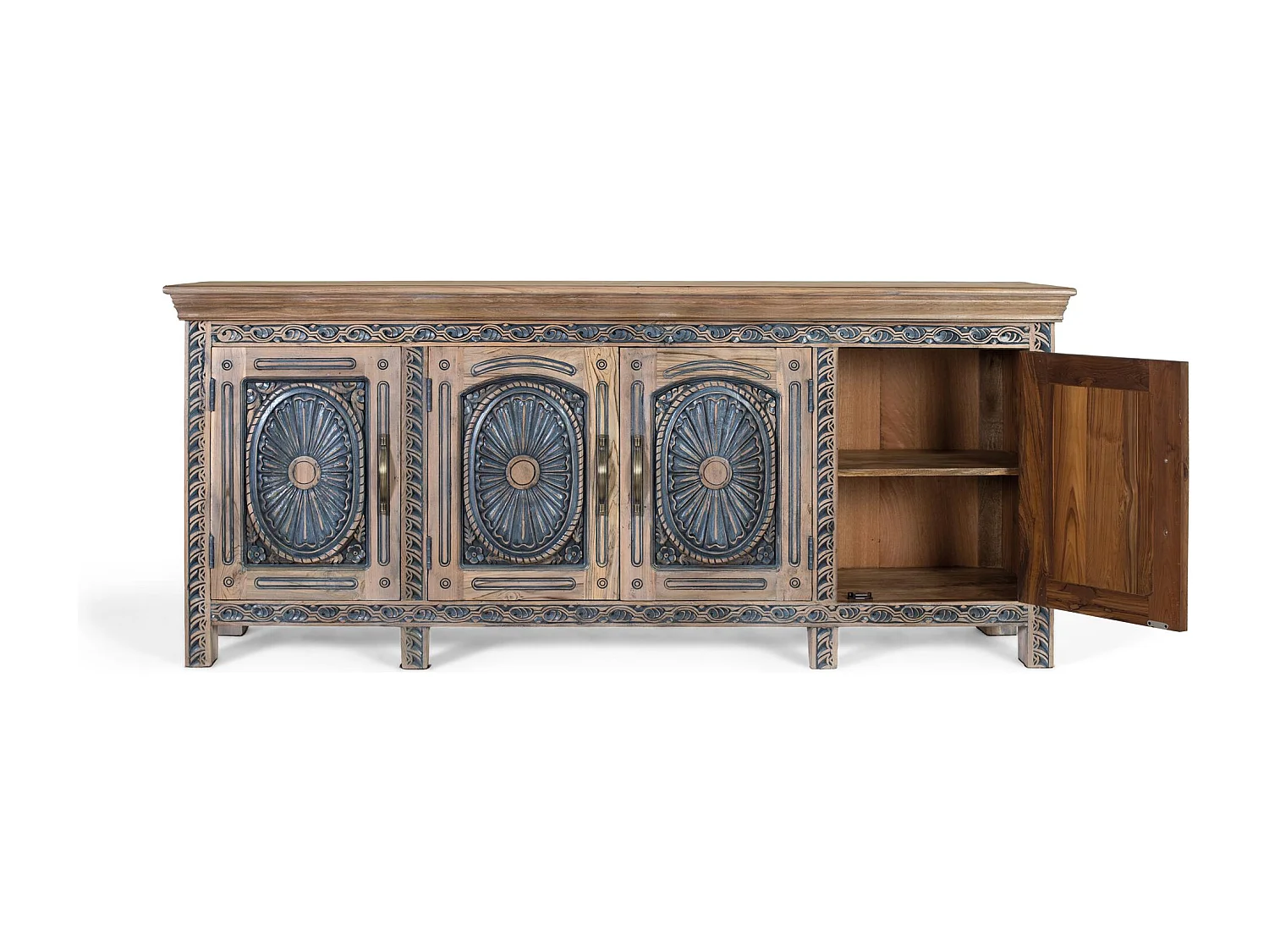 Zweifarbiges Sideboard aus geschnitztem Teakholz