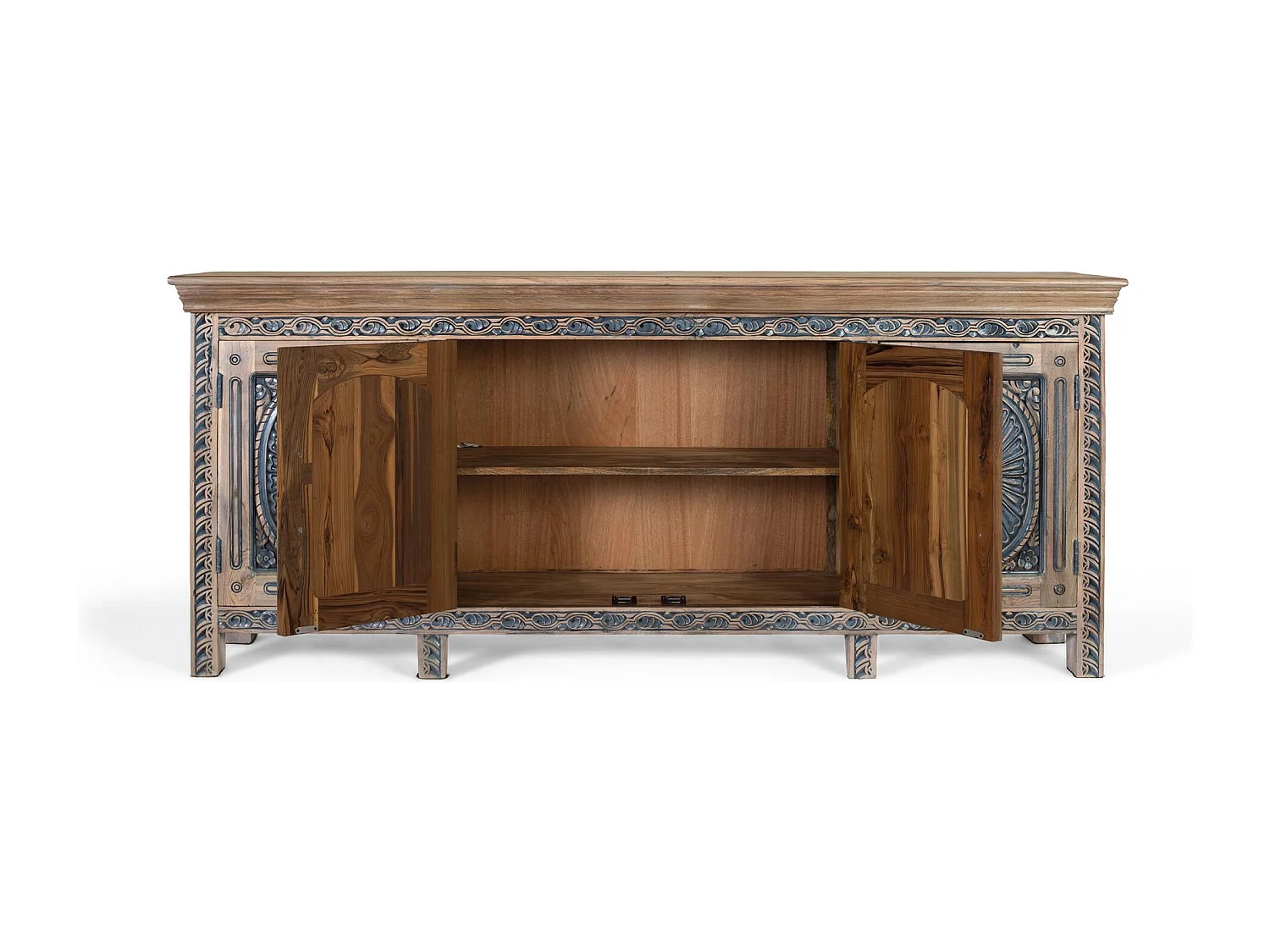 Zweifarbiges Sideboard aus geschnitztem Teakholz