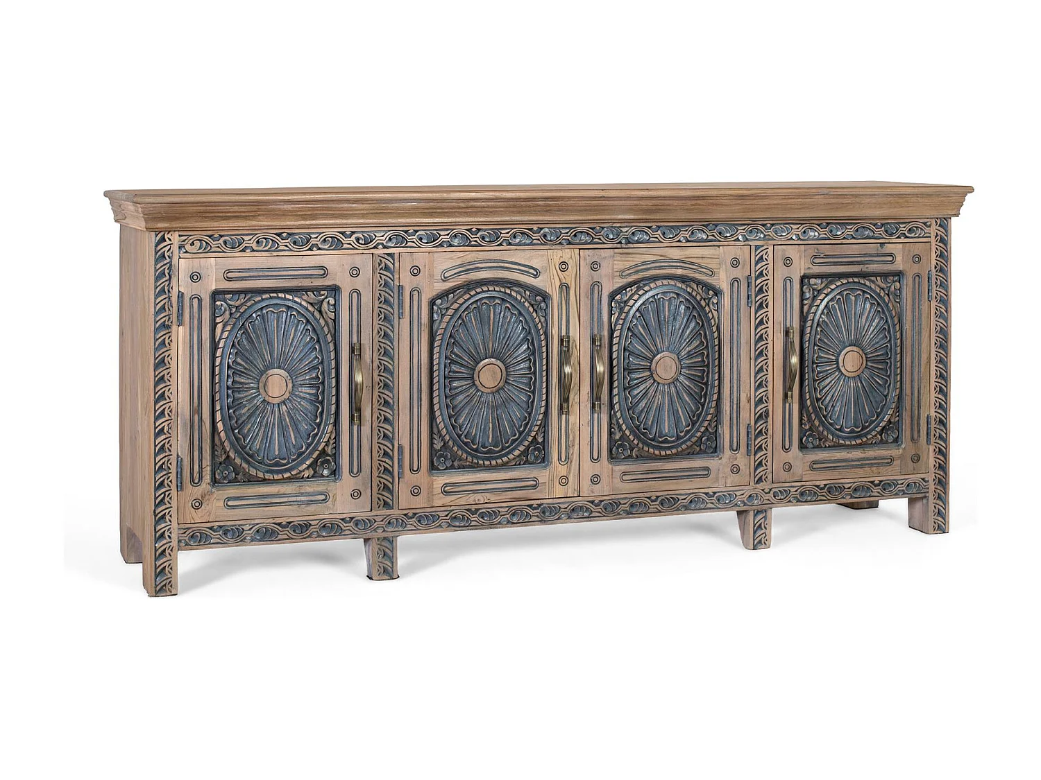 Zweifarbiges Sideboard aus geschnitztem Teakholz