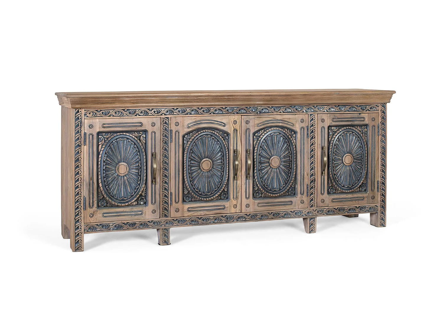 Buffet en bois de teck de style ethnique - 93 x 217 x 49