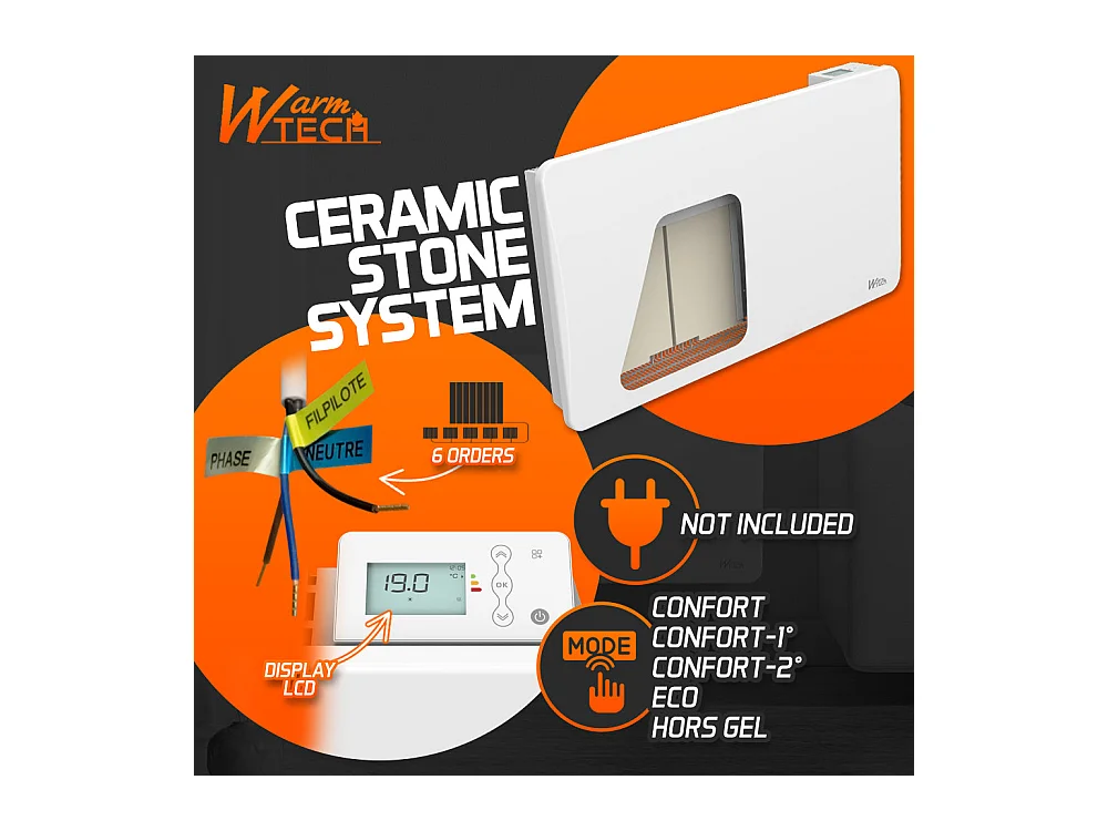 Radiateur à inertie sèche en pierre céramique 1500 W, blanc - Thermostat LCD - Fixation murale