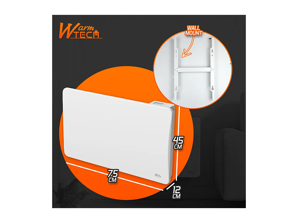 Radiateur à inertie sèche en pierre céramique 1500 W, blanc - Thermostat LCD - Fixation murale