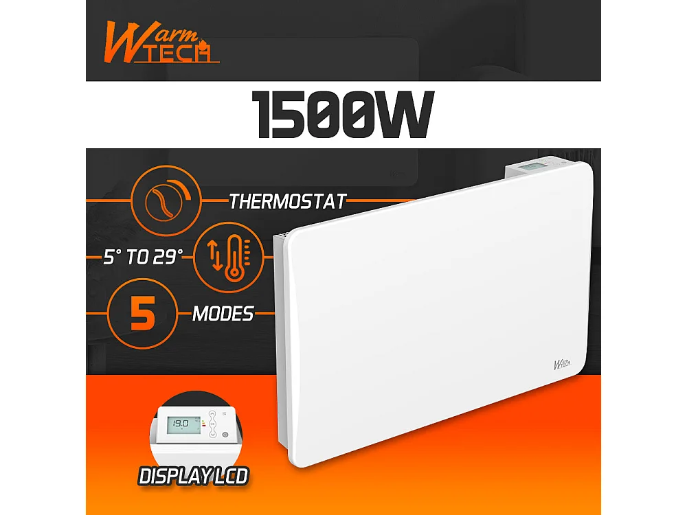 Radiateur à inertie sèche en pierre céramique 1500 W, blanc - Thermostat LCD - Fixation murale