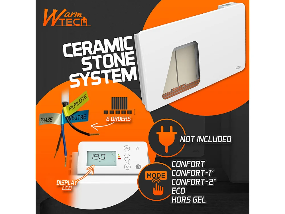 Radiateur à inertie sèche en pierre céramique 1500 W, blanc - Thermostat LCD - Fixation murale