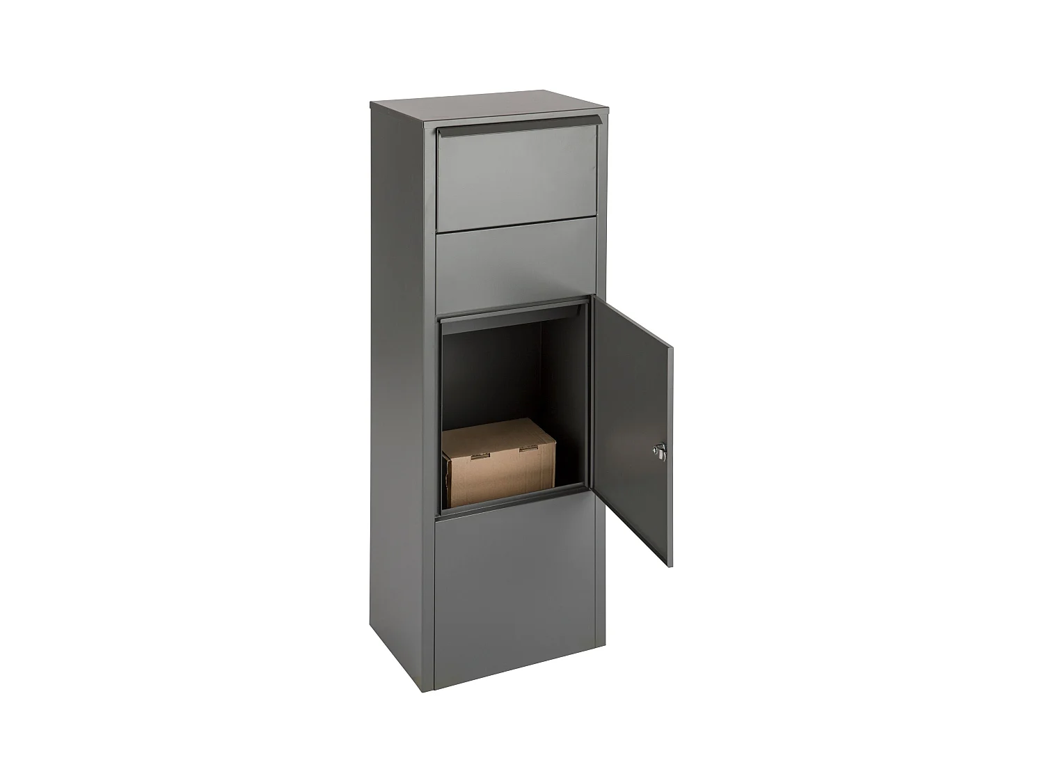 Boîte aux lettres pour paquets – Colonne gris mat – Grande ouverture – Fixation au sol – Serrure à clé