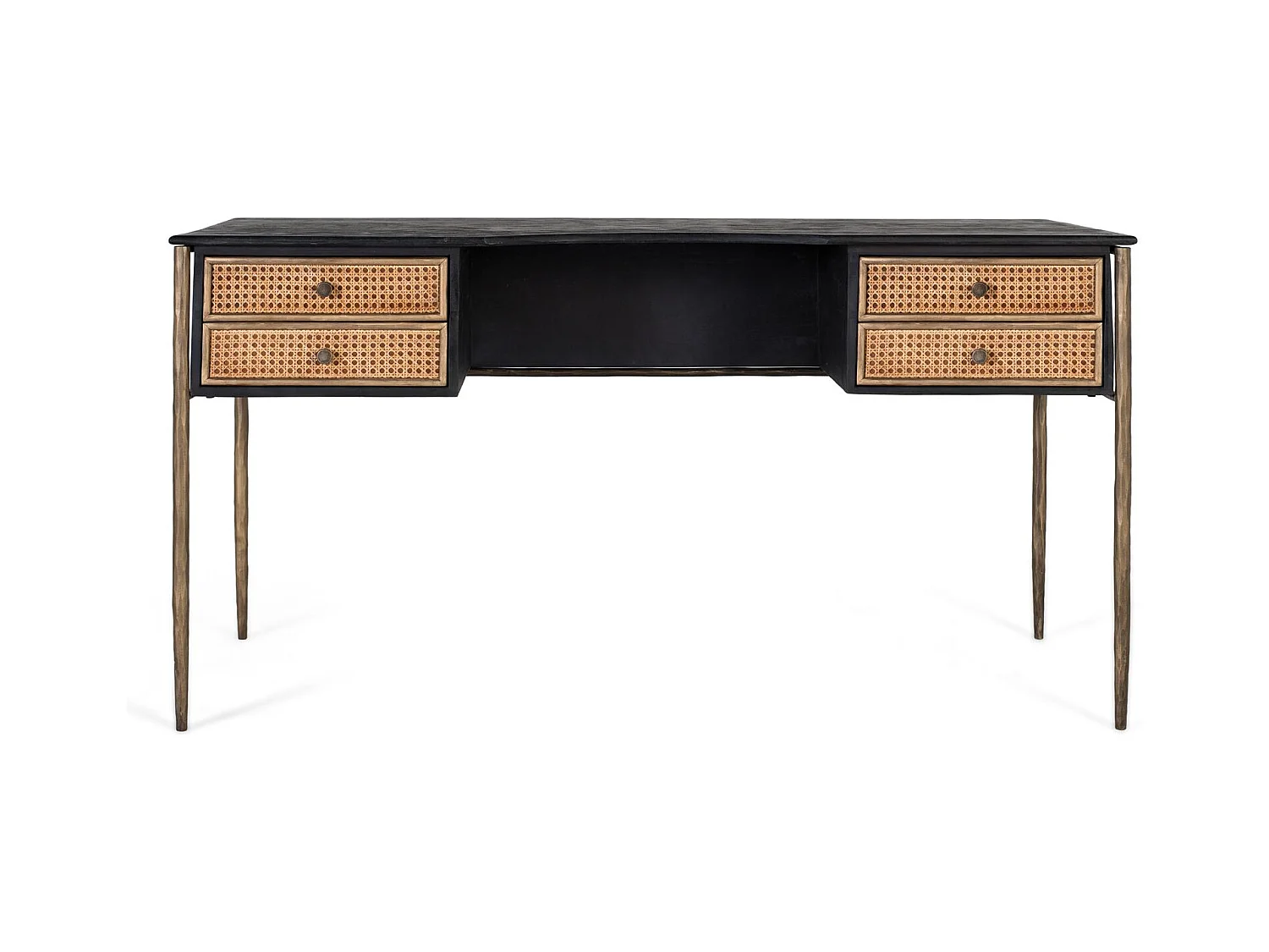 Bureau en bois de manguier noir avec tiroirs en grille et pieds bronze
