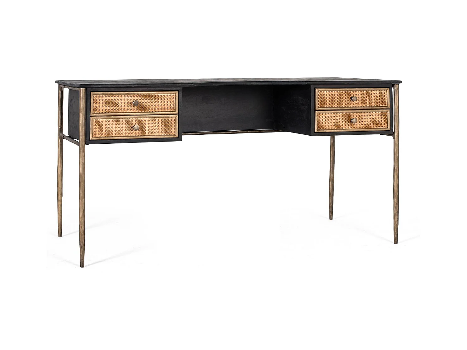 Bureau en bois de manguier noir avec tiroirs en grille et pieds bronze
