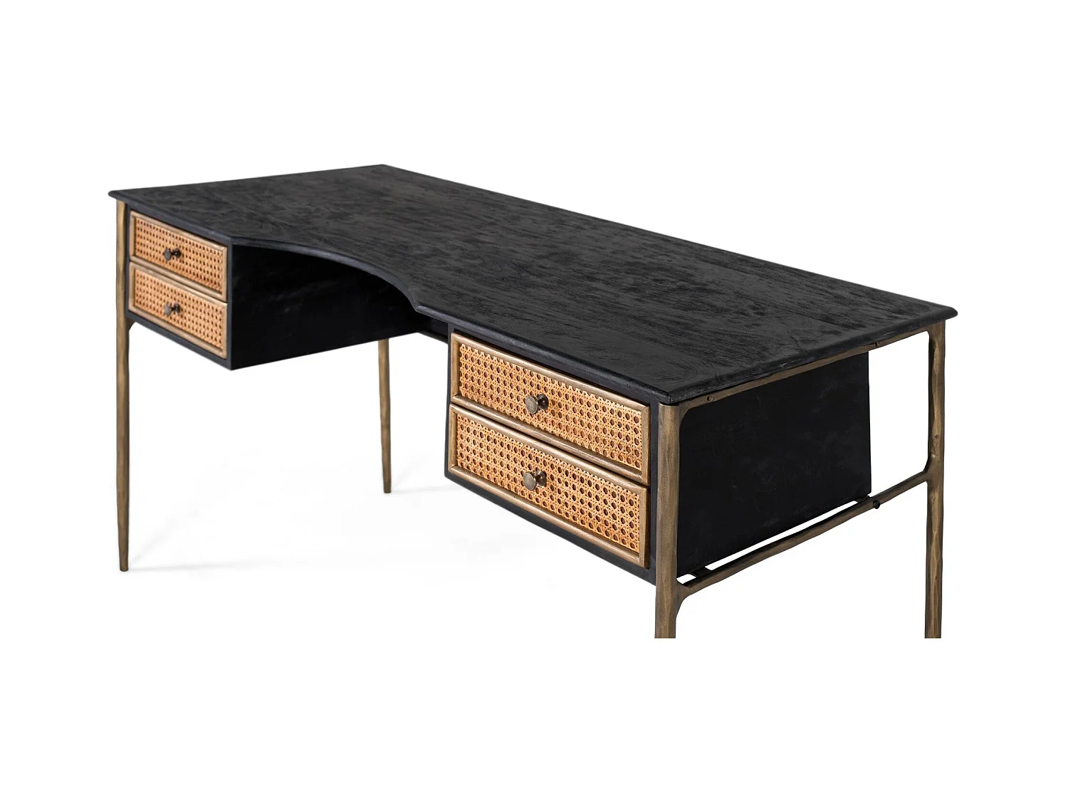 Bureau en bois de manguier noir avec tiroirs en grille et pieds bronze