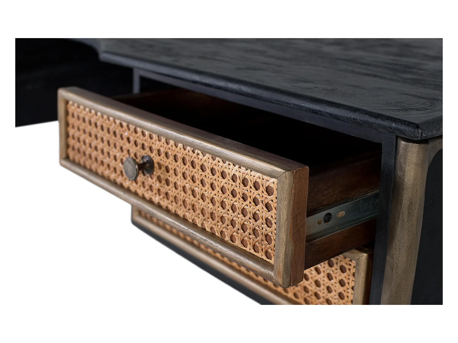 Bureau en bois de manguier noir avec tiroirs en grille et pieds bronze