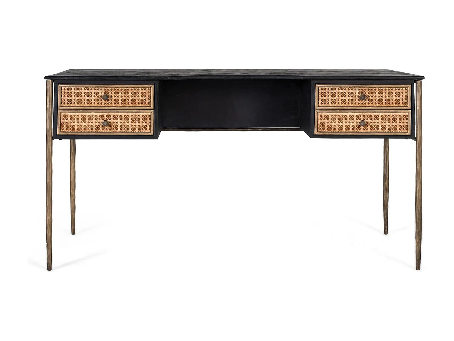Bureau en bois de manguier zwart met tirairs en grille en pieds bronze