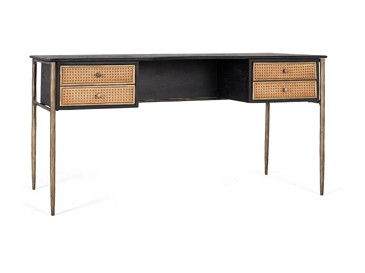 Bureau en bois de manguier zwart met tirairs en grille en pieds bronze
