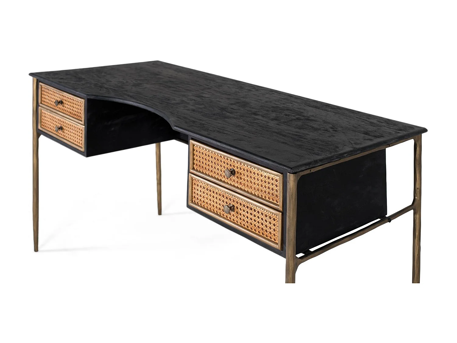 Bureau en bois de manguier zwart met tirairs en grille en pieds bronze