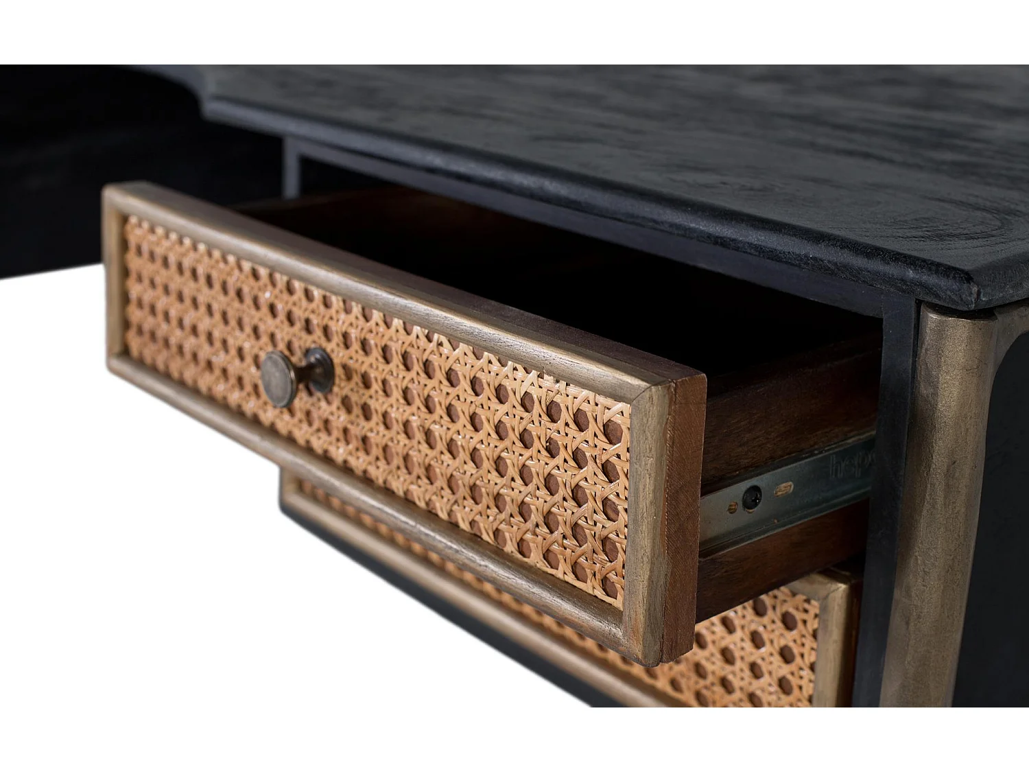 Bureau en bois de manguier zwart met tirairs en grille en pieds bronze