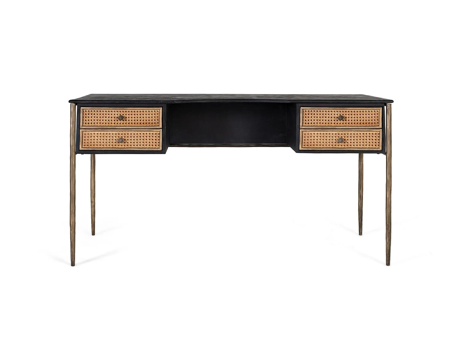 Bureau en bois de manguier black avec tirairs en grille et pieds brąz
