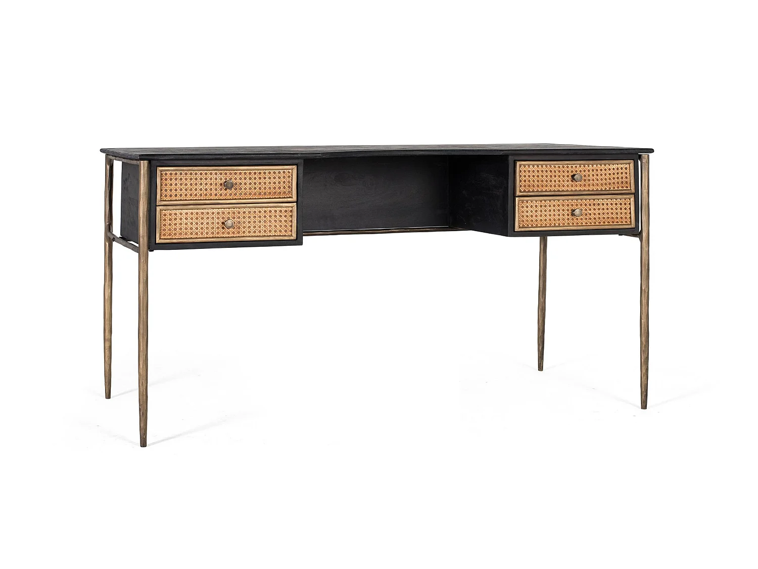 Bureau en bois de manguier black avec tirairs en grille et pieds brąz