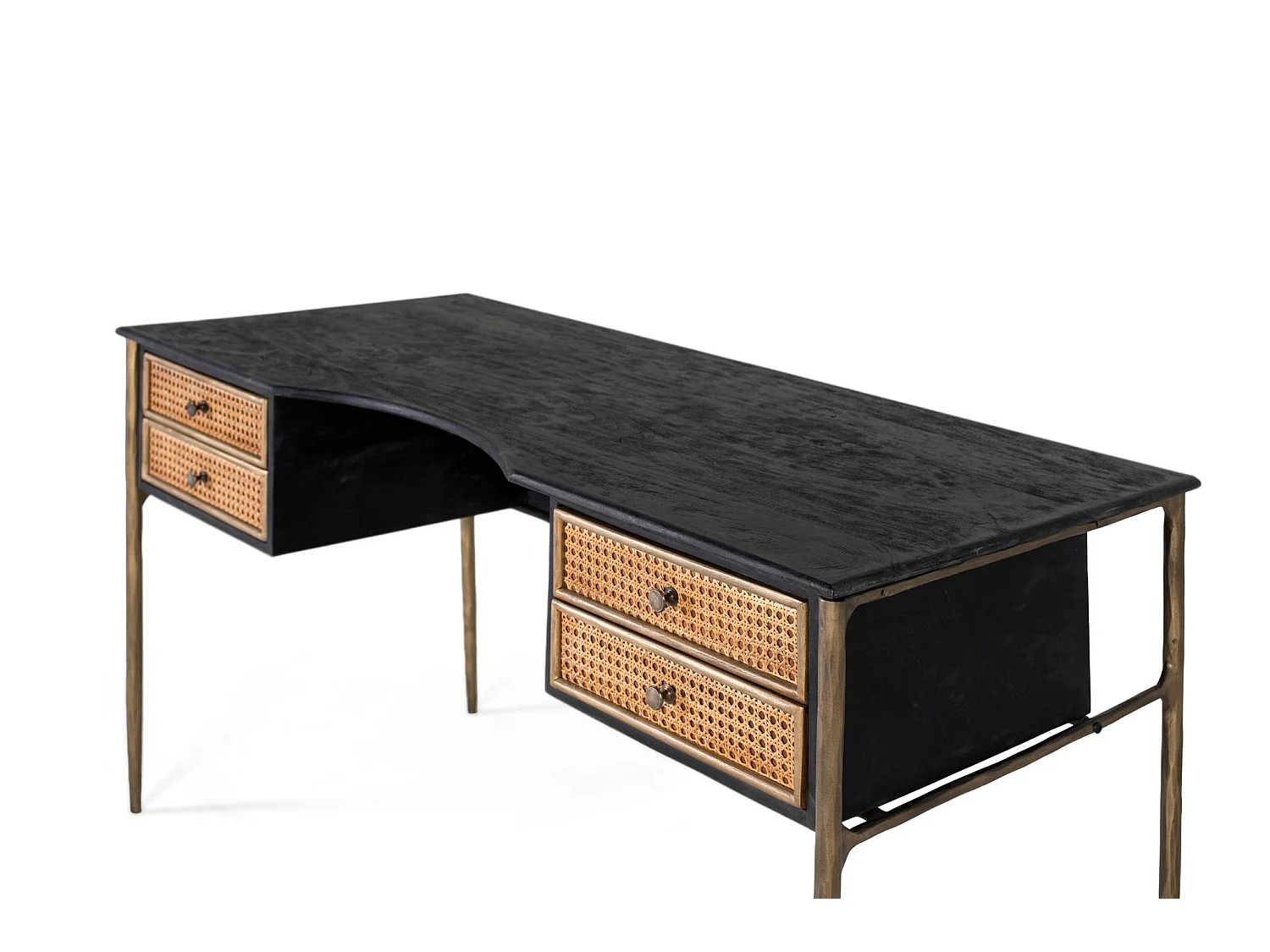 Bureau en bois de manguier black avec tirairs en grille et pieds brąz