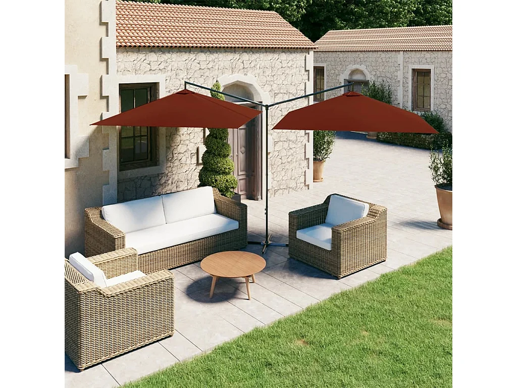 Clones  Parasol de jardin double et mât en acier terre cuite 600x300 cm