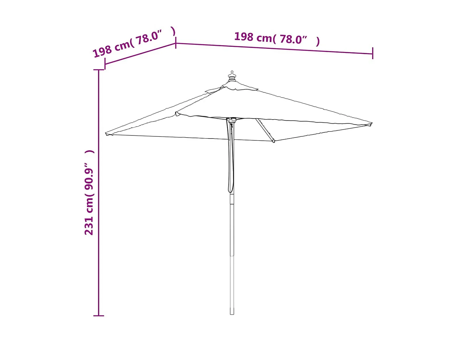 Daranor  Parasol met houten paal 198x198x231 cm bordeauxrood