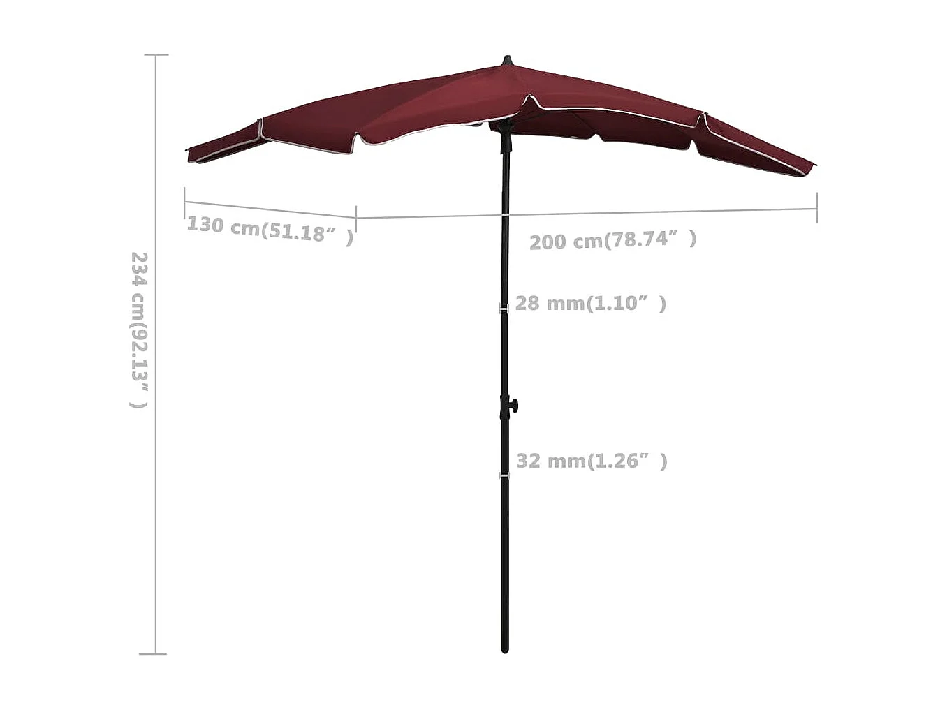 Seinäjoki  Parasol de jardin avec mât 200x130 cm rouge bordeaux