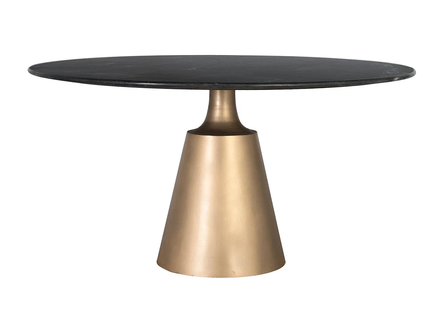 Mesa redonda em mármore preto com base em metal dourado acetinado.