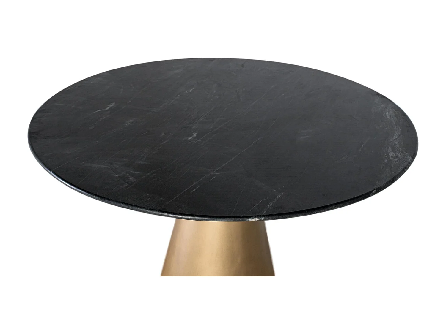 Mesa redonda em mármore preto com base em metal dourado acetinado.