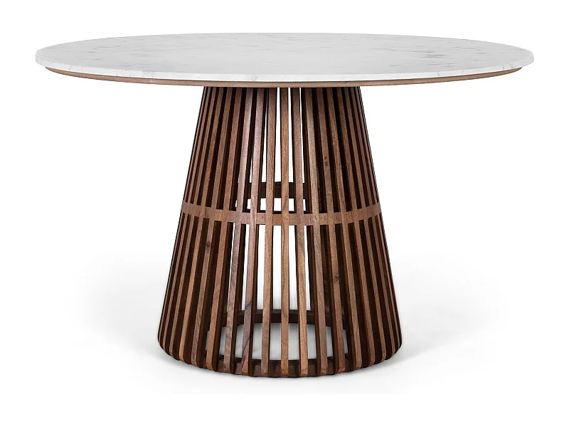 Table à manger ronde en marbre clair et bois de manguier