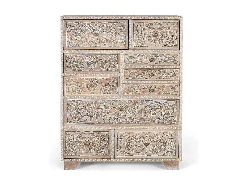 Commode en bois de manguier sculptée à la main avec dix tiroirs