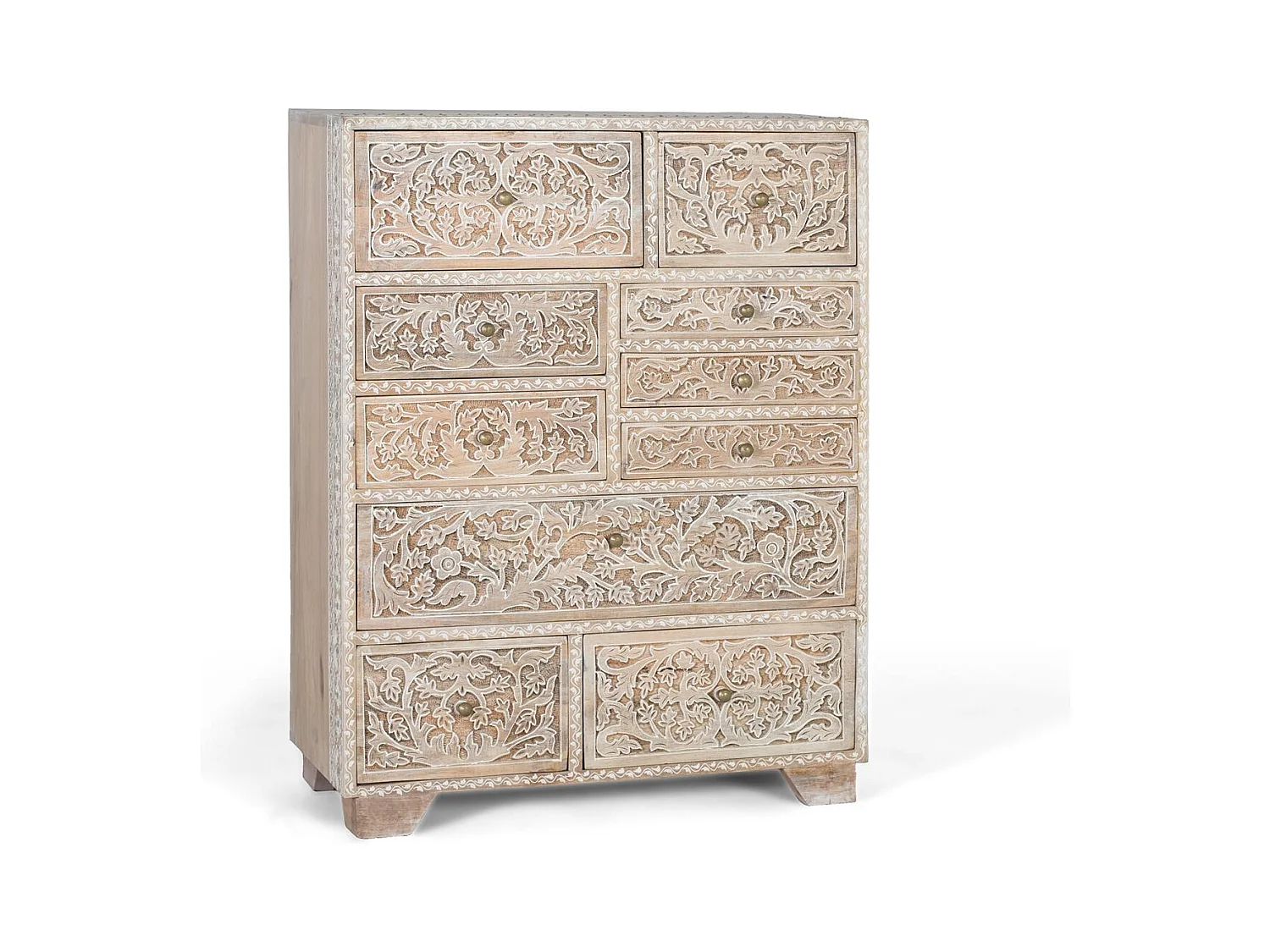 Commode en bois de manguier sculptée à la main avec dix tiroirs