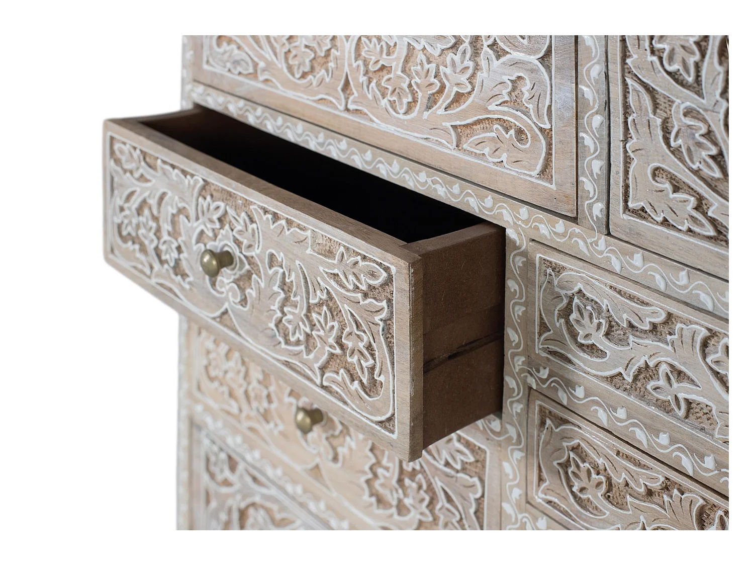 Commode en bois de manguier sculptée à la main avec dix tiroirs