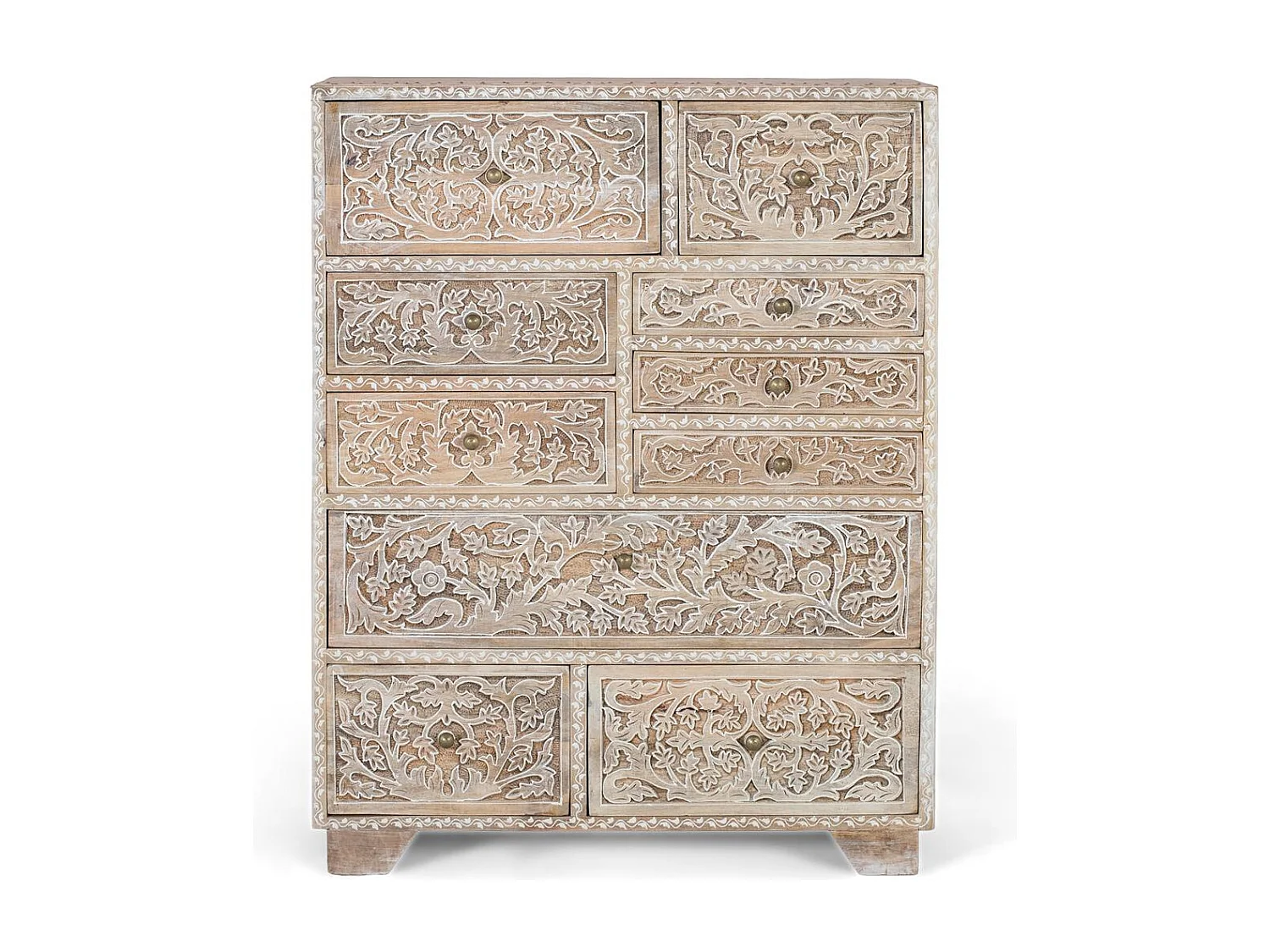 Handgeschnitzte Kommode aus Mangoholz mit zehn Schubladen