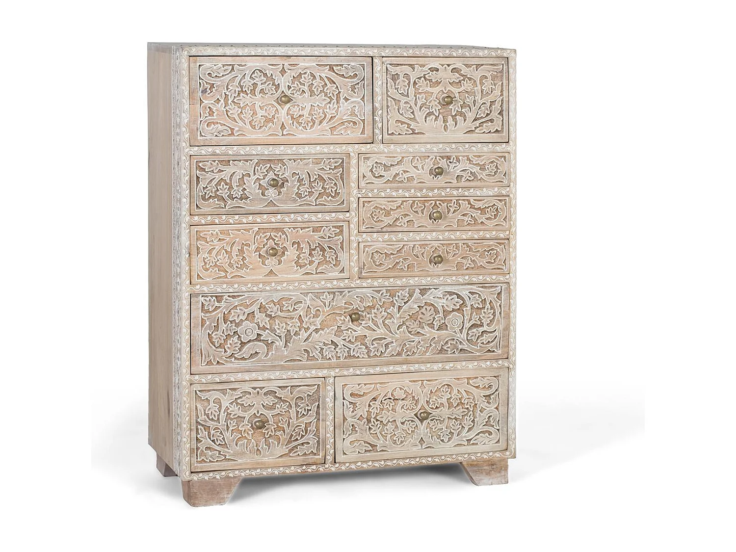 Handgeschnitzte Kommode aus Mangoholz mit zehn Schubladen