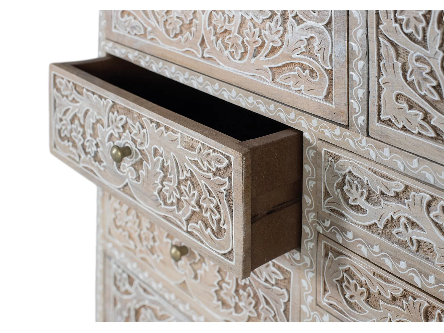 Handgeschnitzte Kommode aus Mangoholz mit zehn Schubladen