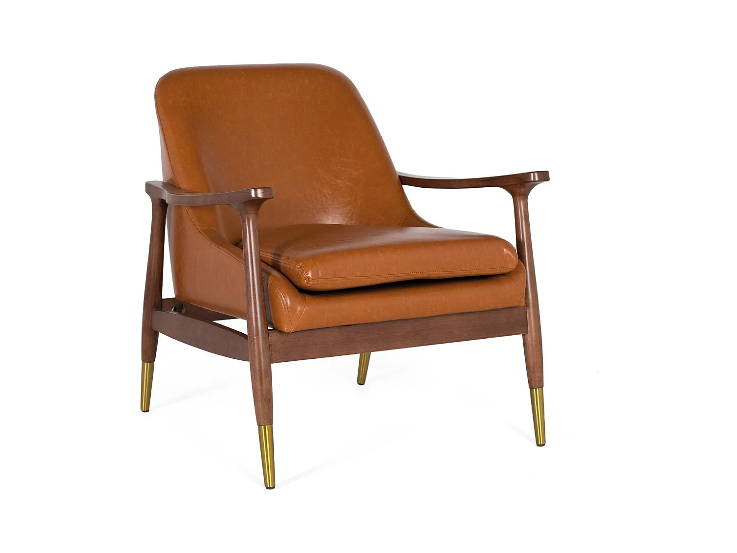 Fauteuil moderne en bois et P.U. brun avec détails dorés