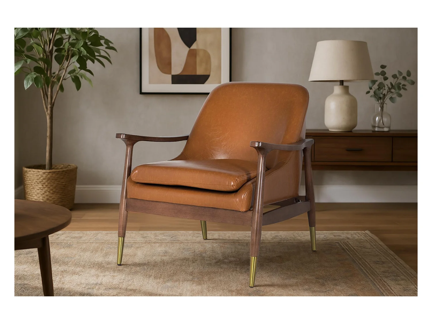Fauteuil moderne en bois et P.U. brun avec détails dorés