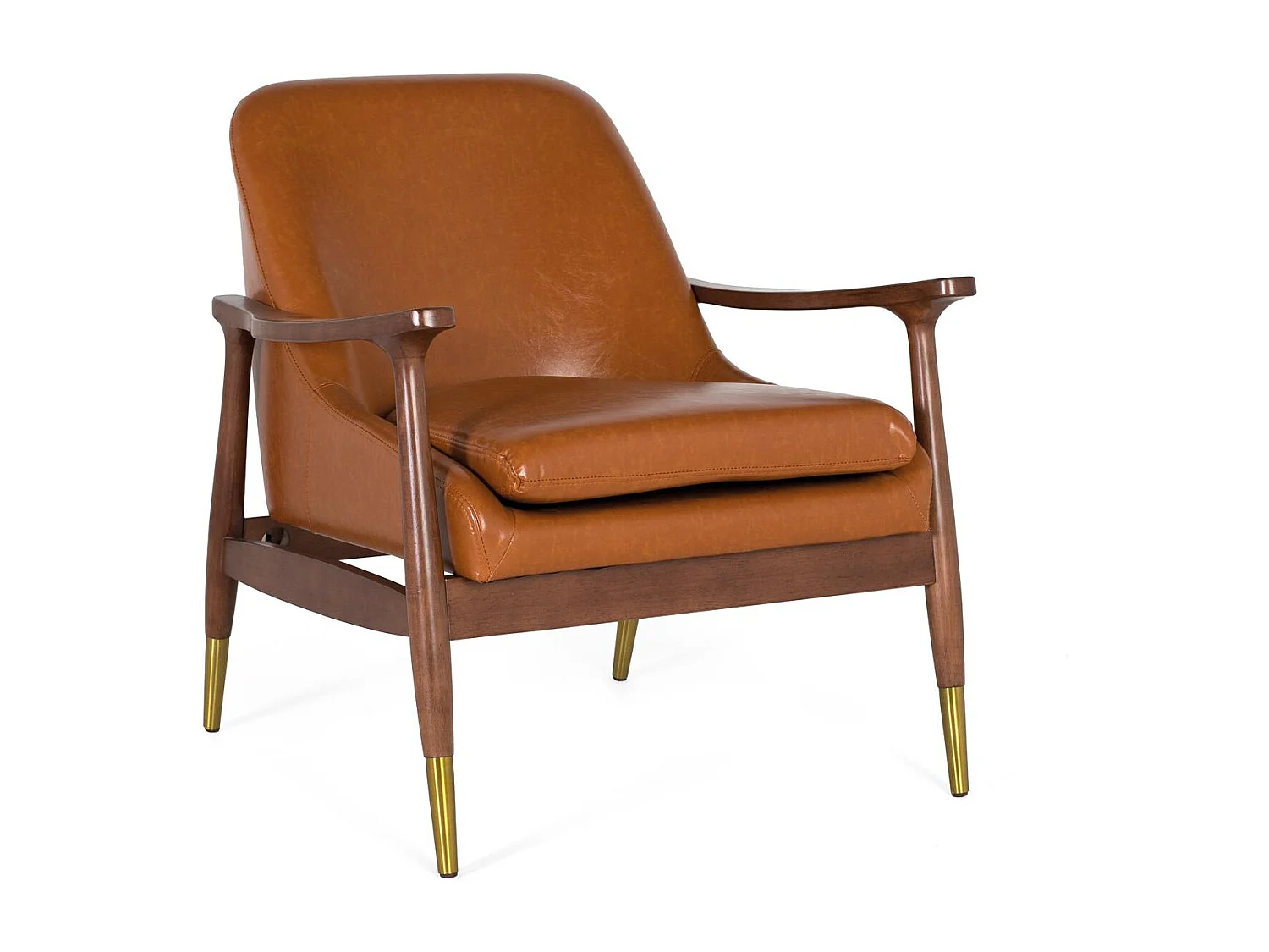 Moderner Sessel aus Holz und braunem PU mit goldenen Details