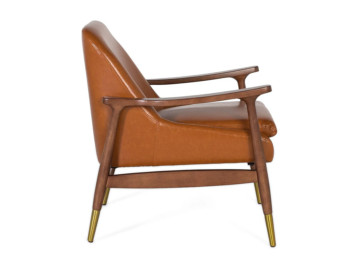 Moderner Sessel aus Holz und braunem PU mit goldenen Details