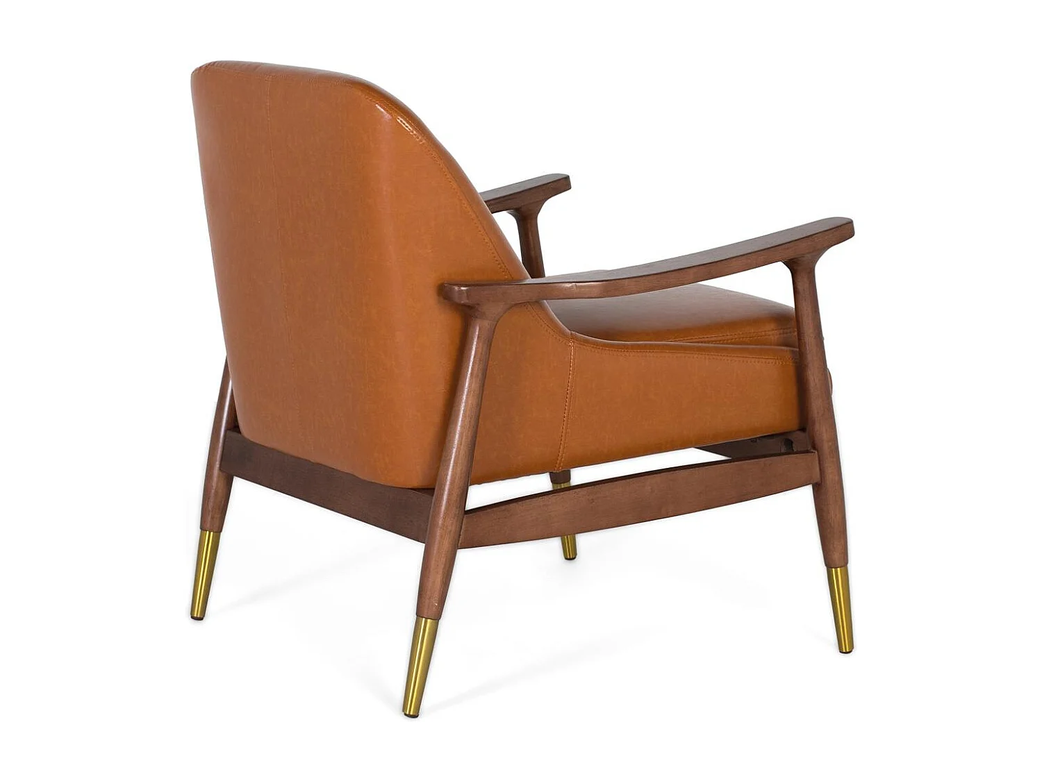 Moderner Sessel aus Holz und braunem PU mit goldenen Details