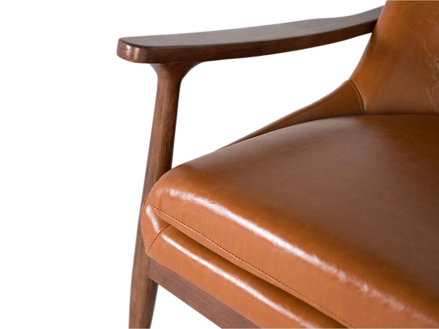 Moderner Sessel aus Holz und braunem PU mit goldenen Details