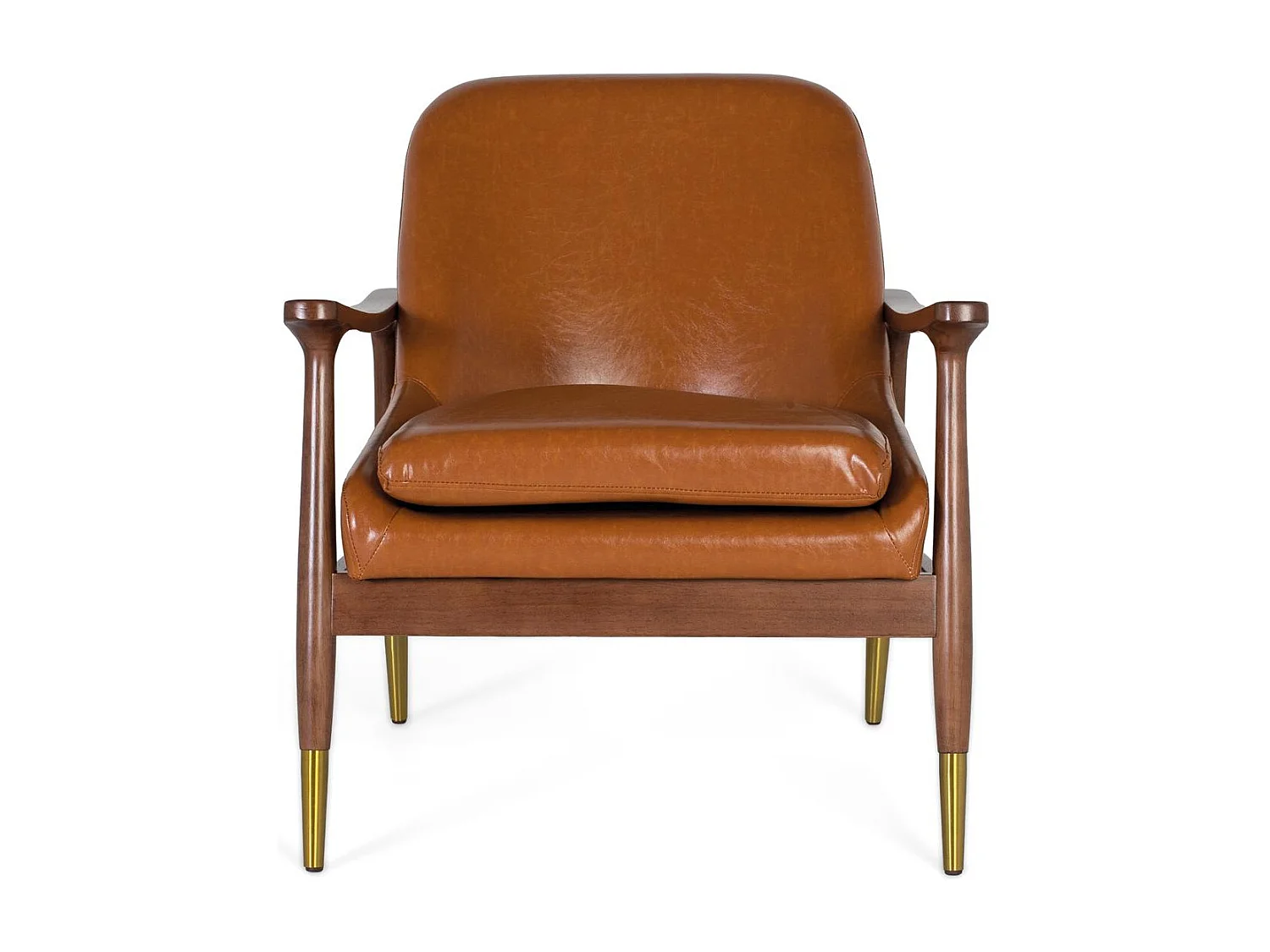 Fauteuil moderne en bois et P.U. brun avec détails dorés