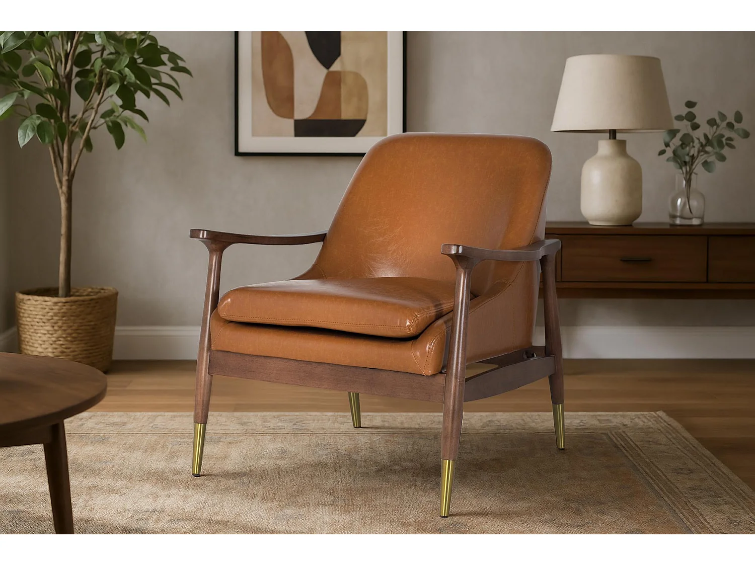 Fauteuil moderne en bois et P.U. brun avec détails dorés