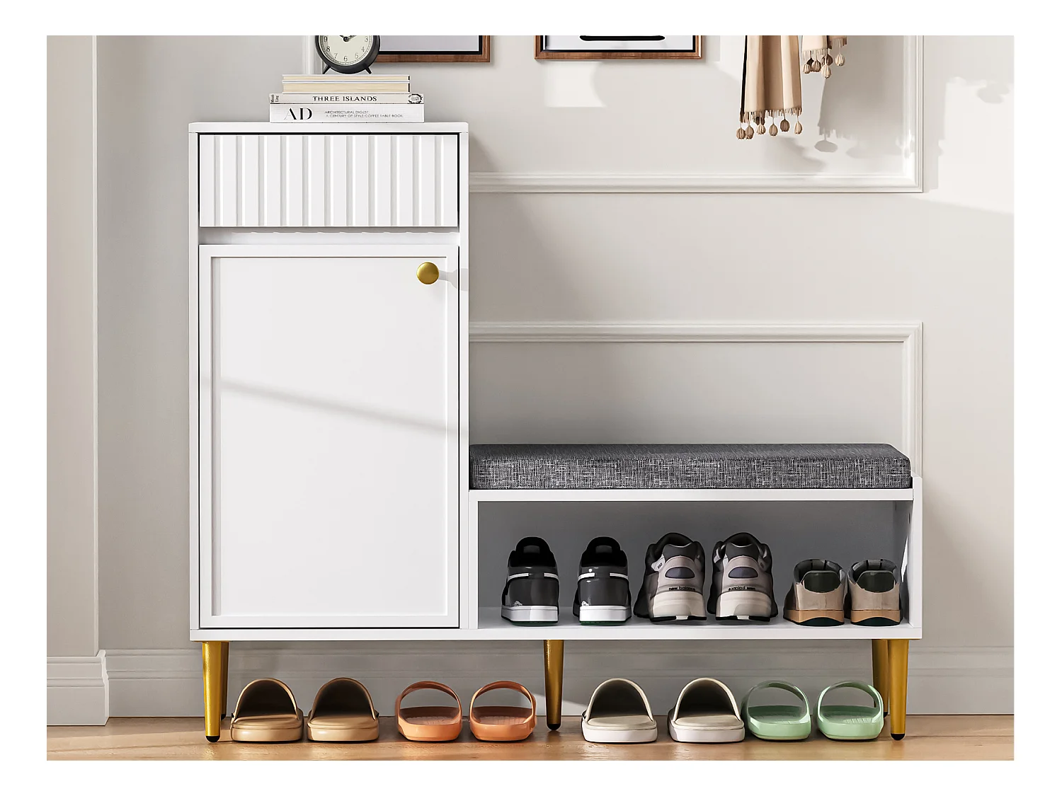 Meuble à chaussures 100x35x82.2cm - avec une banquette - avec 1 tiroir et 1 porte - Blanc