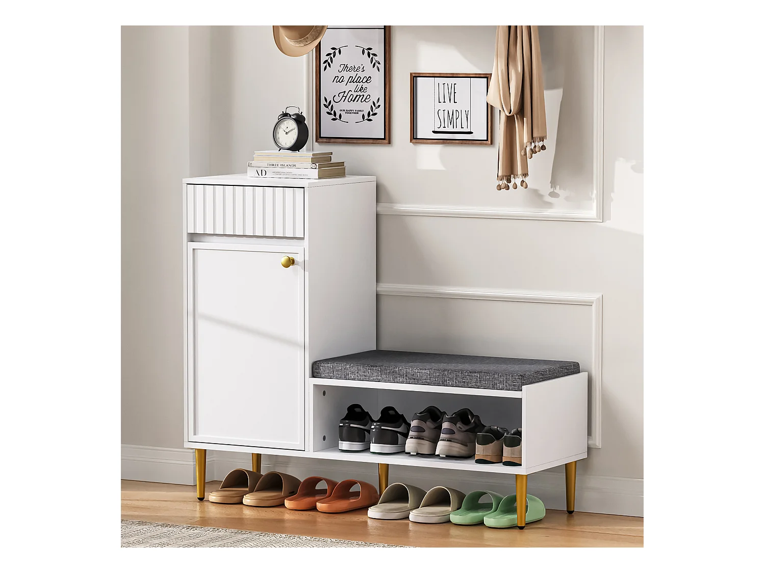 Meuble à chaussures 100x35x82.2cm - avec une banquette - avec 1 tiroir et 1 porte - Blanc