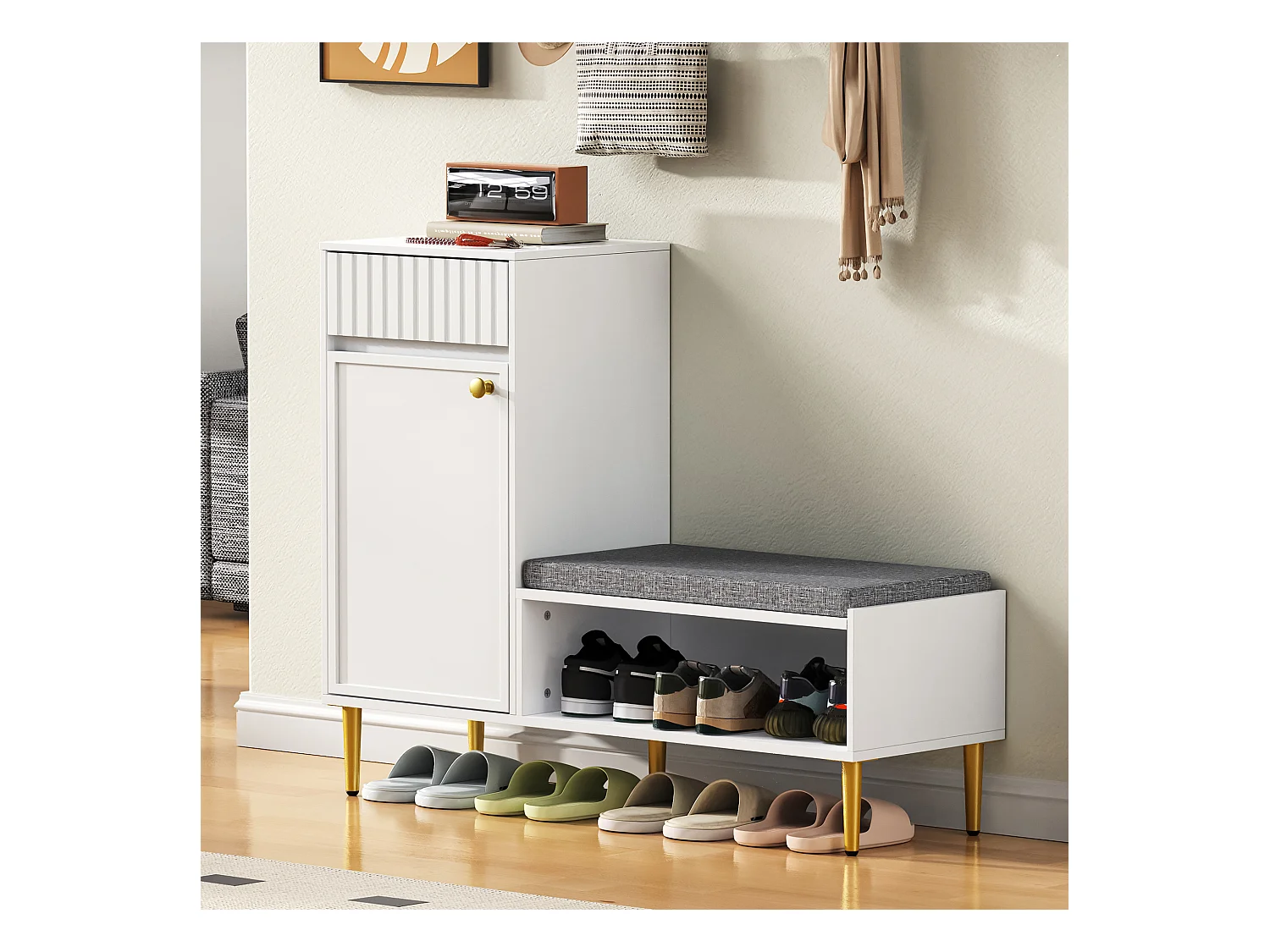 Meuble à chaussures 100x35x82.2cm - avec une banquette - avec 1 tiroir et 1 porte - Blanc