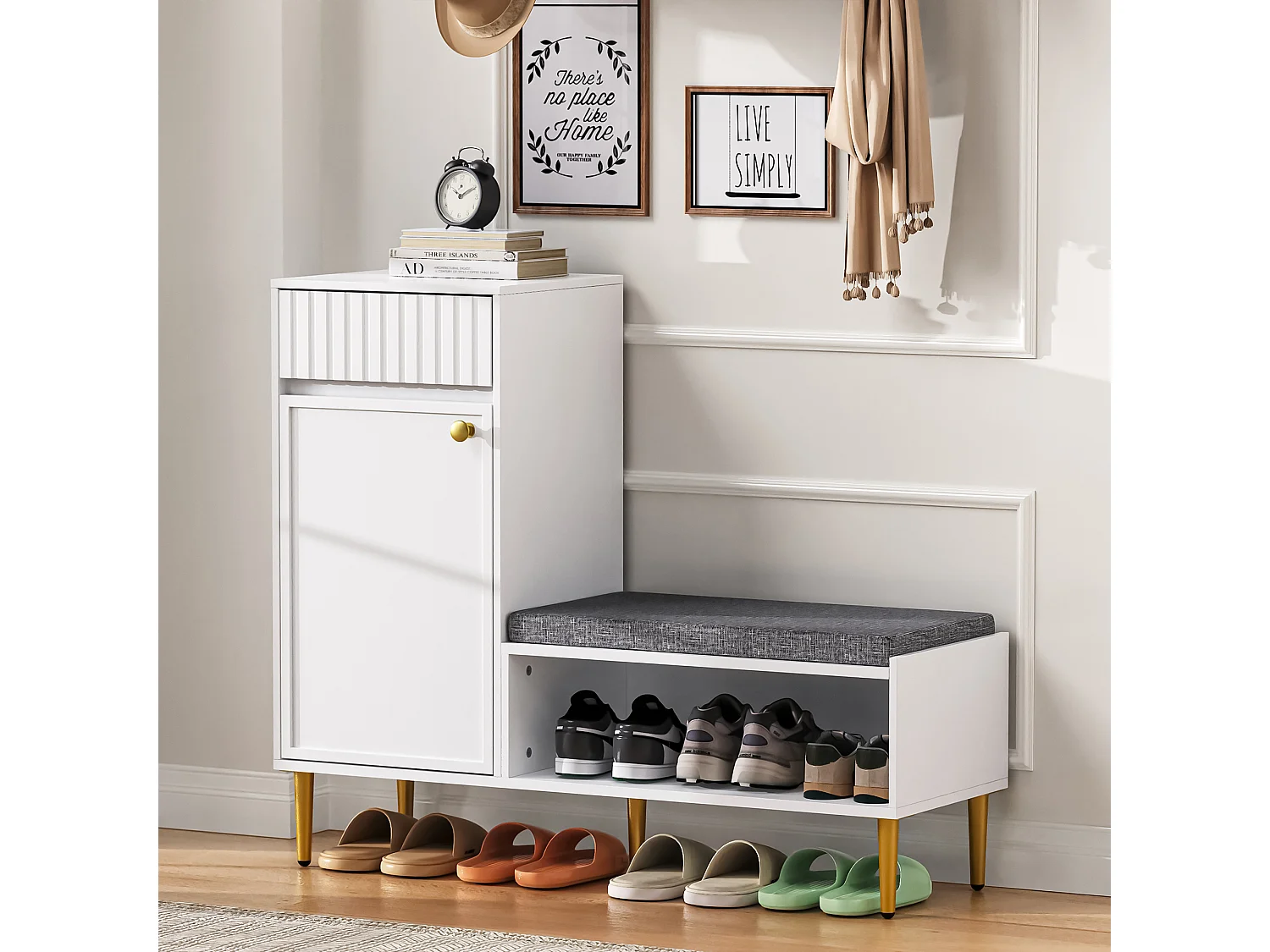 Schuhschrank 100x35x82.2cm - mit Sitzbank - mit 1 Schublade und 1 Tür - Weiß