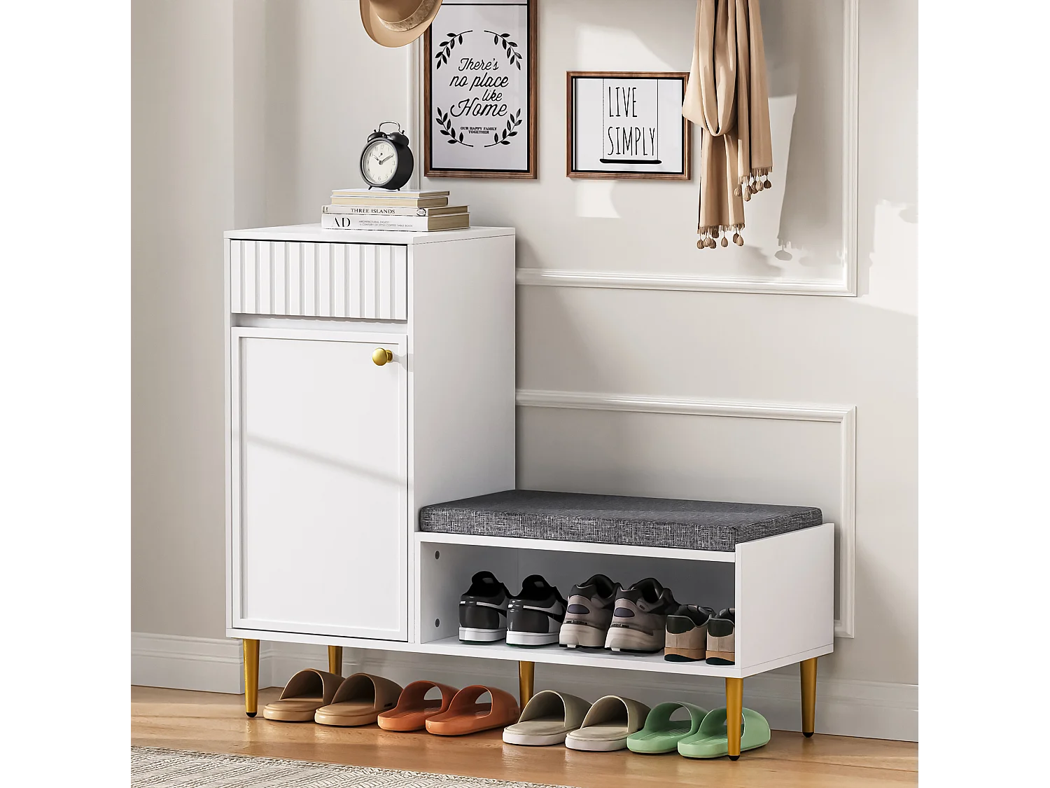 Meuble à chaussures 100x35x82.2cm - avec une banquette - avec 1 tiroir et 1 porte - Blanc