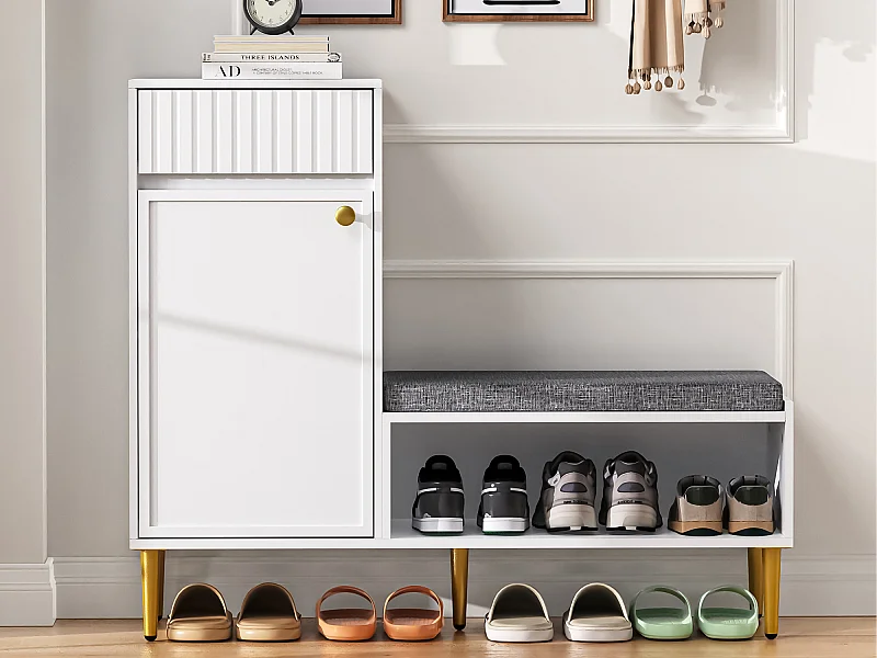 Schuhschrank 100x35x82.2cm - mit Sitzbank - mit 1 Schublade und 1 Tür - Weiß