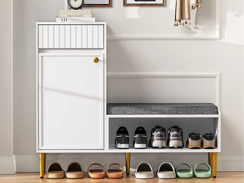 Schuhschrank 100x35x82.2cm - mit Sitzbank - mit 1 Schublade und 1 Tür - Weiß