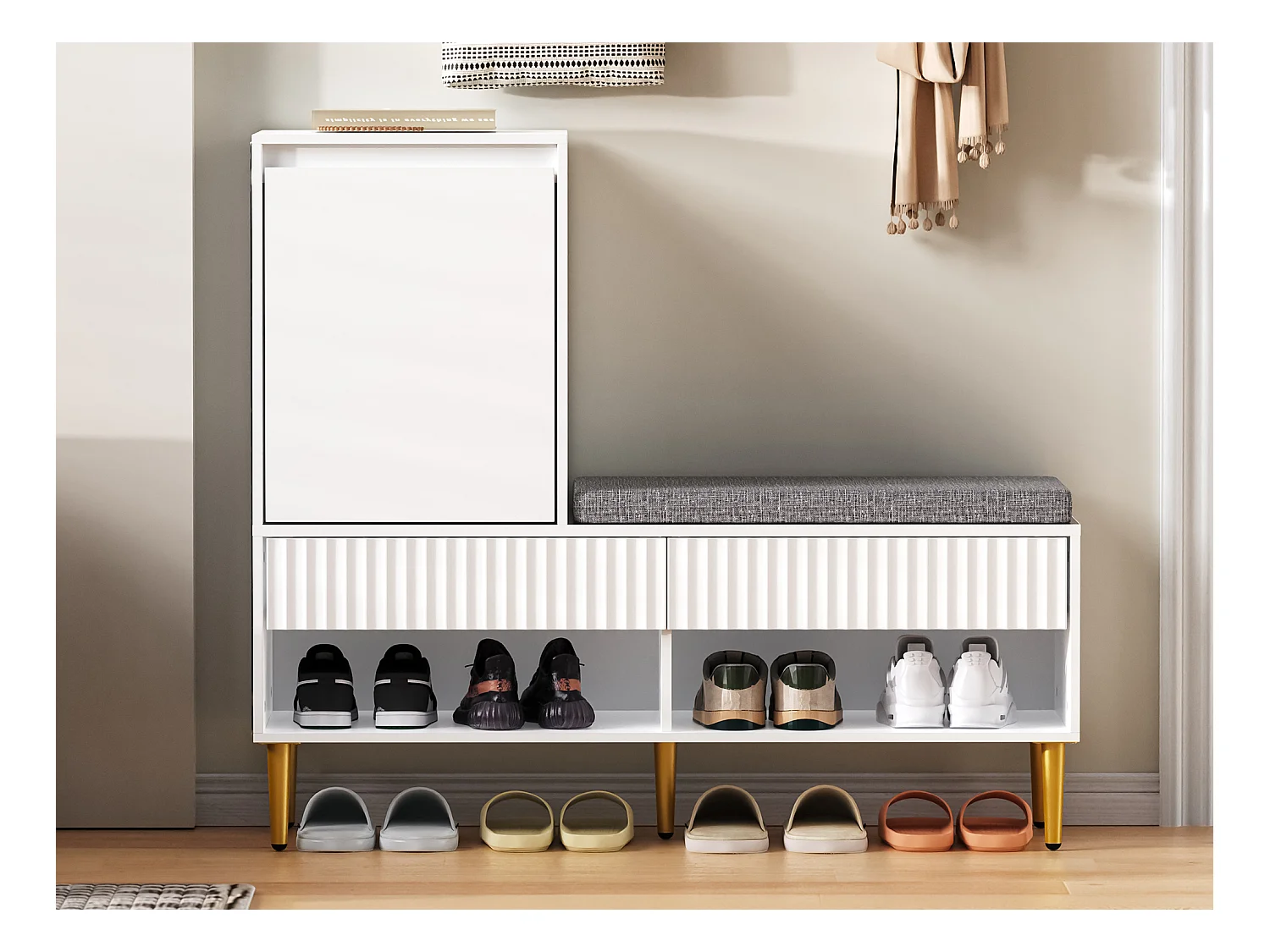 Meuble à chaussures 100x35x90cm - avec une banquette - avec 2 tiroirs et 1 porte - étagères ouvertes - Blanc