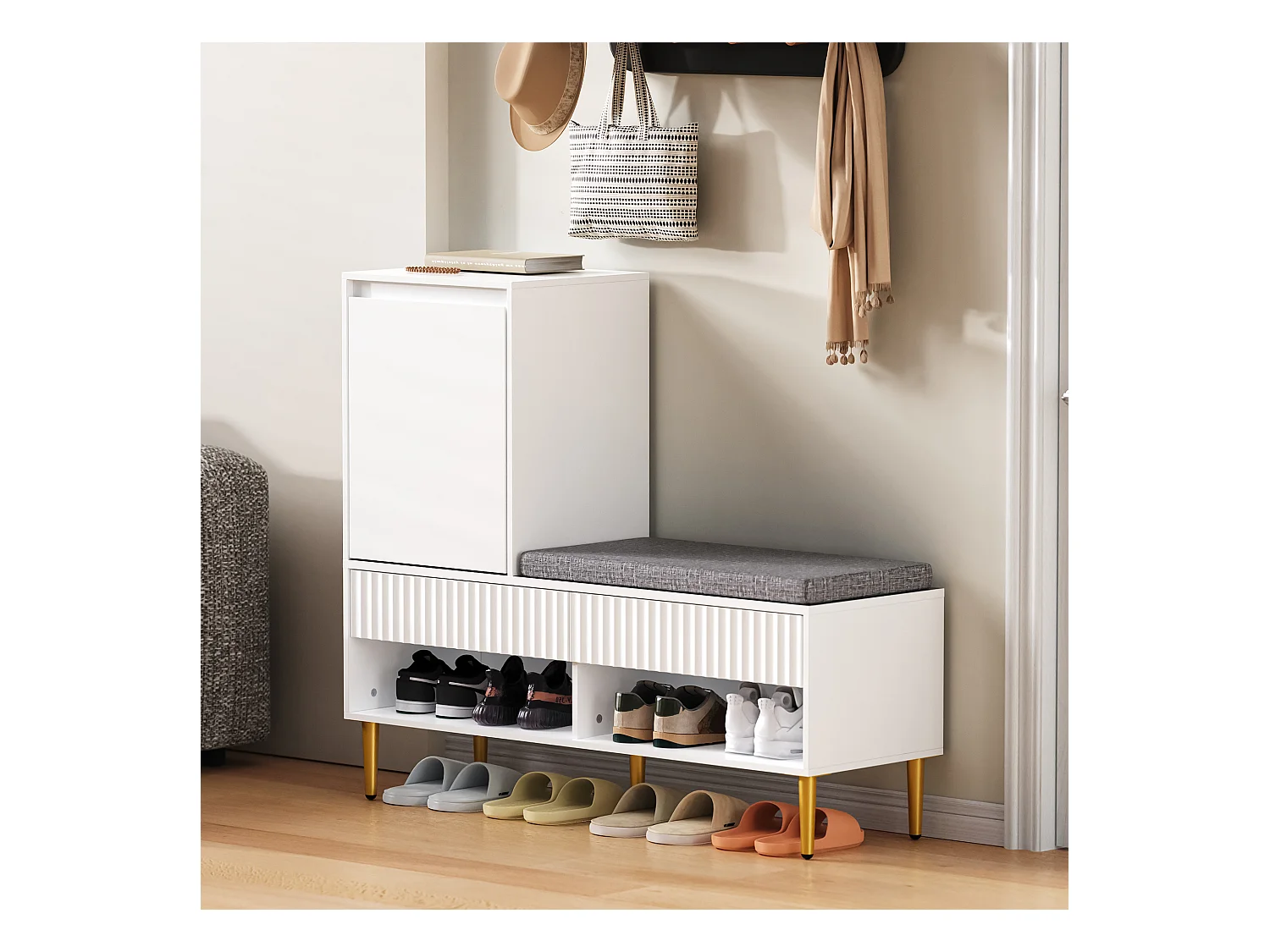 Meuble à chaussures 100x35x90cm - avec une banquette - avec 2 tiroirs et 1 porte - étagères ouvertes - Blanc