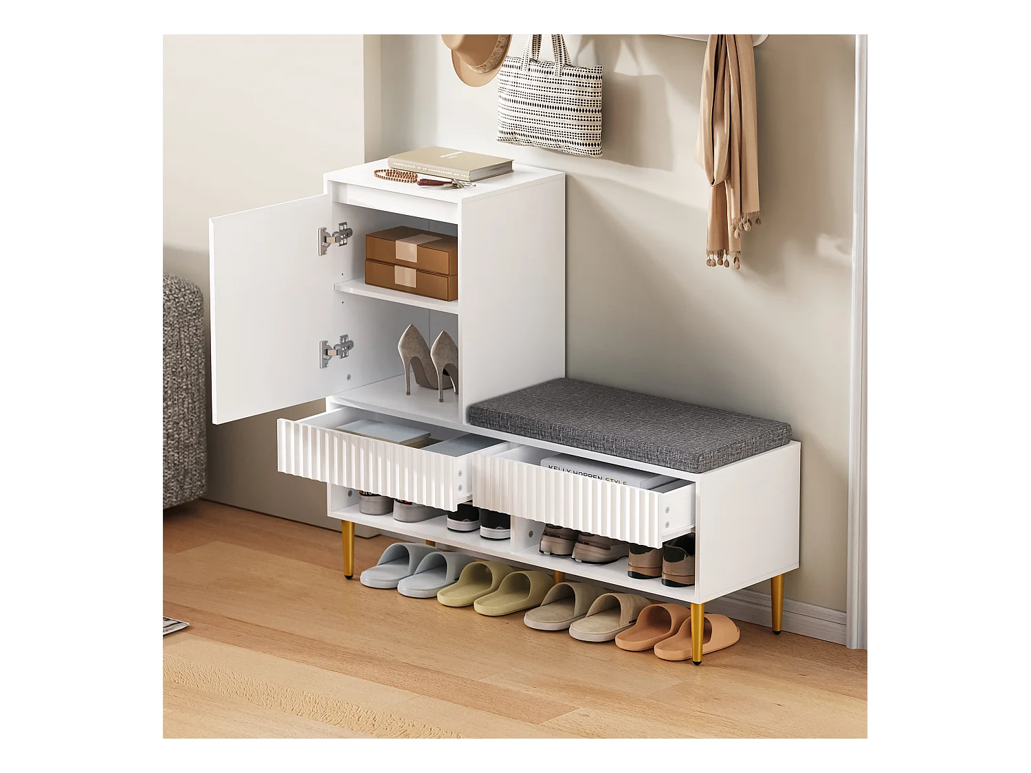 Meuble à chaussures 100x35x90cm - avec une banquette - avec 2 tiroirs et 1 porte - étagères ouvertes - Blanc